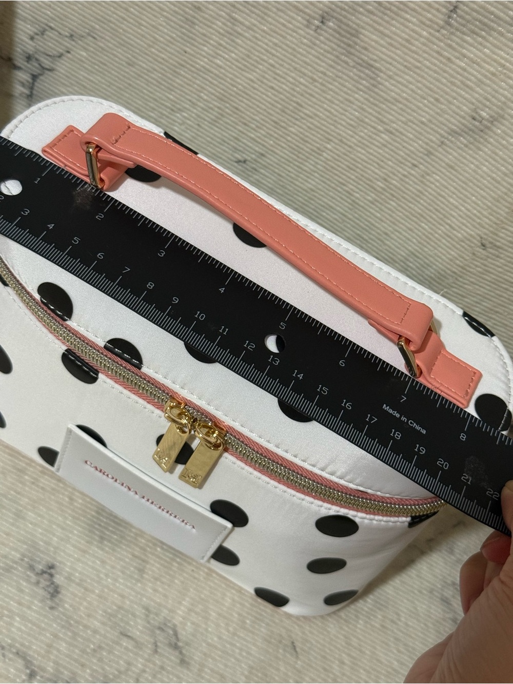 Carolina Herrera Beauty White Polka Dot Cosmetic Case with Pink Top Handle - Picture 14 of 16